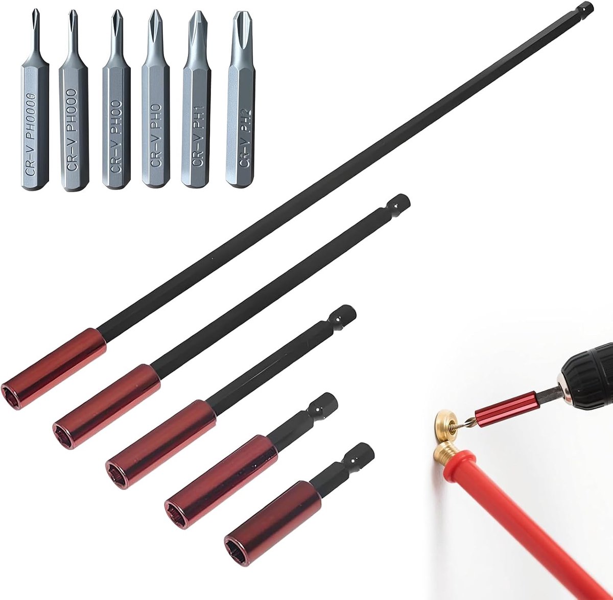 Magnetische bit houder set 5 lengtes - 6 schroevendraaiers - voor elektrische boormachine - ideaal voor krappe ruimtes - ShopVlot
