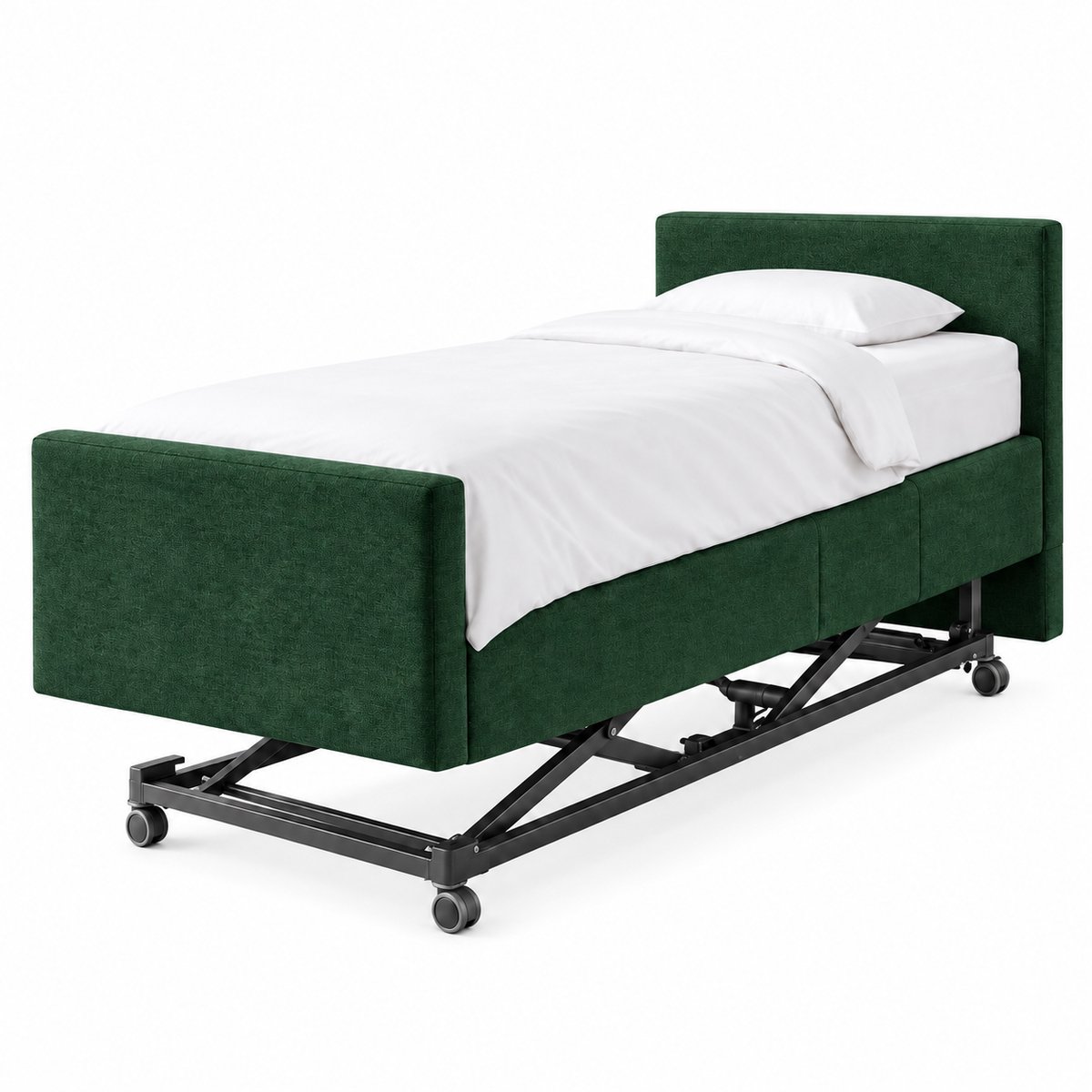BoxspringFD Serre Hoog Laag Bed / Boxspring 1 Persoons Verzorgingsbed Seniorenbed Elektrisch Verstelbaar, 70x210 cm, kleur donkergroen