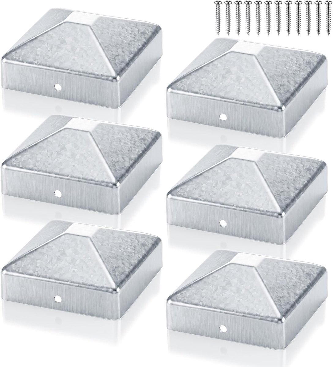 6 stuks paalkappen 9 x 9 cm, doppen voor hekpalen met 12 schroeven, verzinkt metaal, paalafdekkingen voor houten palen - ShopVlot