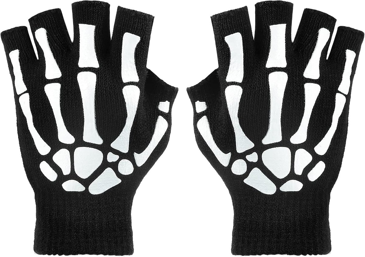 3 Paar Skelet Handschoenen Vingerloos Glow in the Dark Gebreide Mechanic Warme Winterhandschoenen voor Halloween Kostuum, Zwart