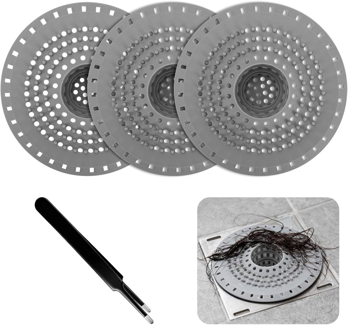 Set van 3 Universele Afvoerzeefjes voor Douche en Wastafel - Siliconen Haarfilter voor Bad, Keuken en Badkamer - 12,5 cm Afvoerfilter in Grijs