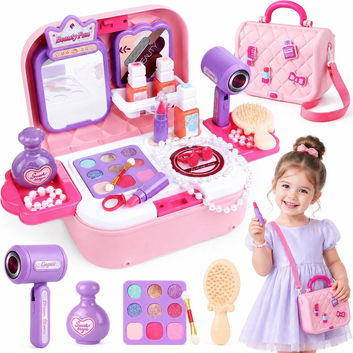 2 In 1 Make-Upset Voor Kinderen - Kinder Make Up Meisje - Make Up Kinderen Set Meisjes-Veilige En Niet-Giftige Cosmetica-Beautycase In Schoudertasmodel-Speelgoedset, Meisjes, Kerstcadeau, Verjaardag, 4-12 Jaar