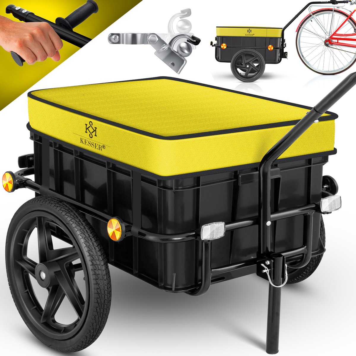 KESSER® Fietsaanhanger 2-in-1 - Bakfietskar en handkar - 70 L transportbox - max. 60 kg - geel