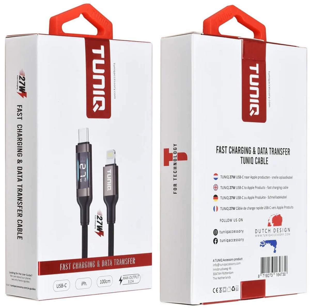 TUNIQ 27W USB-C naar Lightning Kabel 100cm - Snelle oplaadkabel - With Display - Zwart