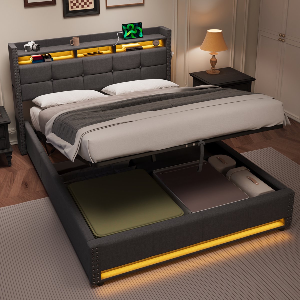 OKWISH Bedframe 140 x 200 cm – Met Ledverlichting – Met Opbergruimte en USB-Laadpoorten – Linnen, Hout en Metaal – Donkergrijs