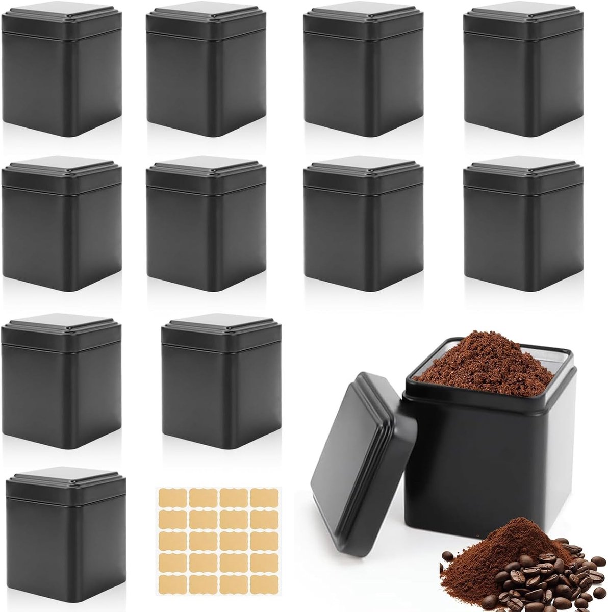 Klassieke Theedoos - Zwart - 7 x 8,5 cm - Metalen Aromadichte Doos met 12 Theeblikken en 20 Etiketten - Voor Thee, Koffie en Kruiden