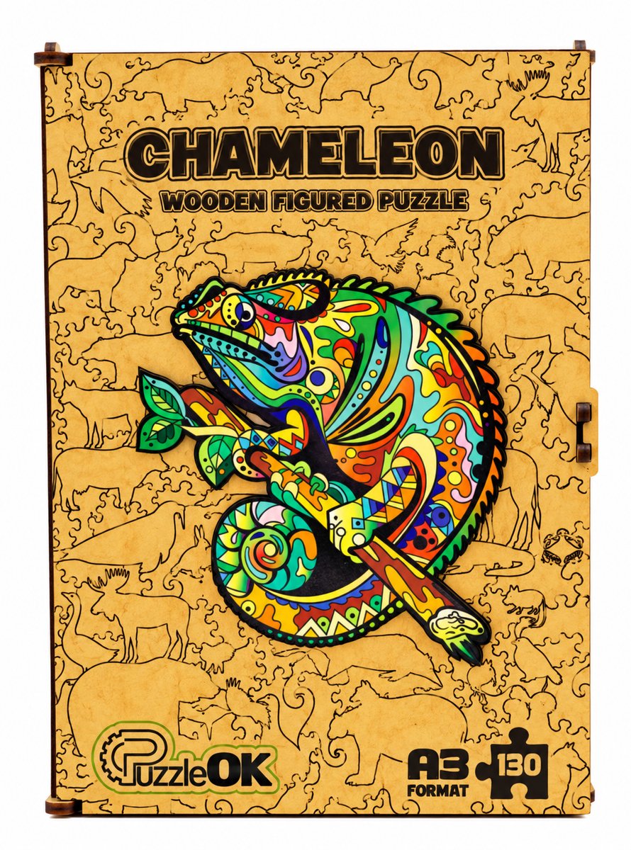 PuzzleOk Chameleon – Houten Legpuzzel – A3 – 130 Stukjes – Houten Bewaardoos