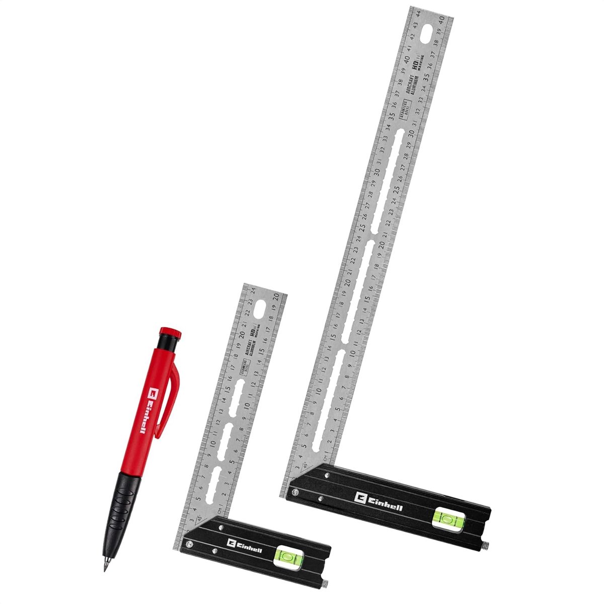 Einhell winkelhaakset, 2-delig (200 / 400 mm, hoeken van 90°/45°, mm/inch-schalen, 10 mm markeergaten, waterpas, markeerliniaal, markeernaald, aluminium profiel, vulpotlood)