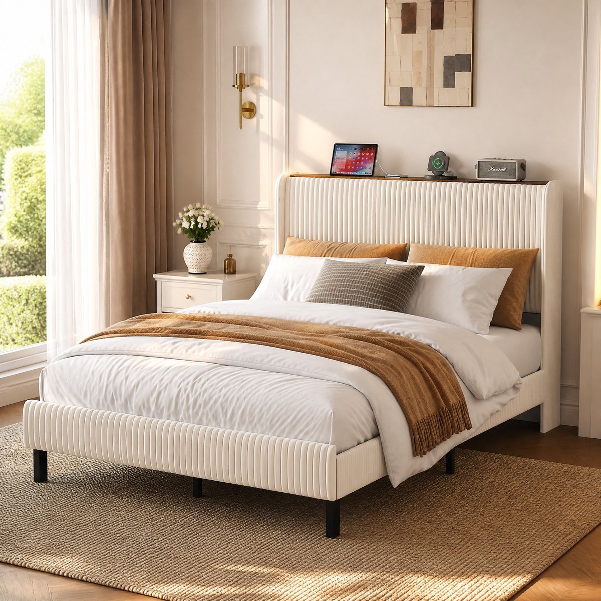 WUVRIE Gestoffeerd platformbed 140x200 cm met corduroy hoofdbord en metalen lattenbodem, beige/crème