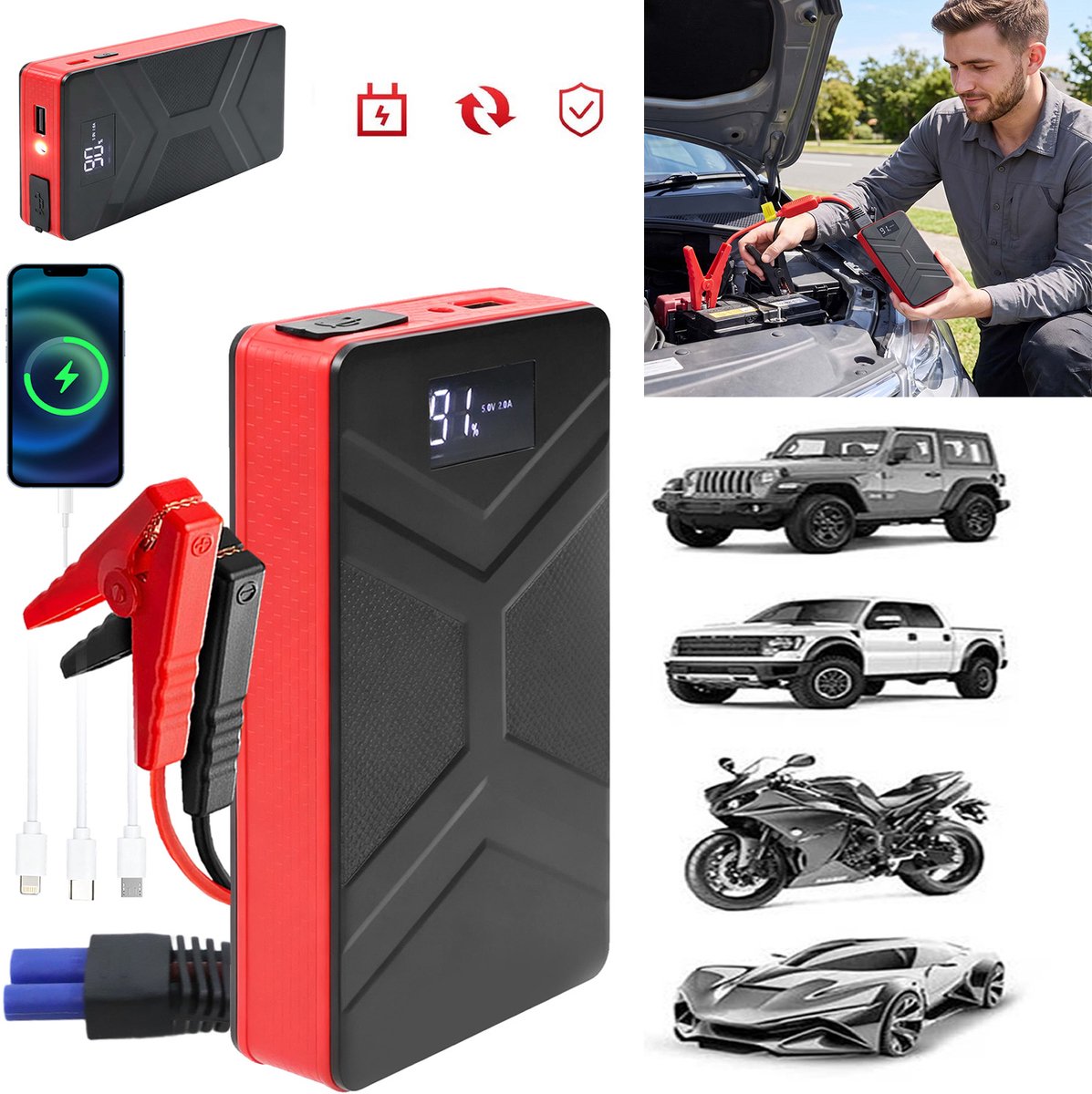 Autostartaccu, Powerbank 30000 Mah Draagbare Oplader, Met Digitaal Vermogensdisplay.