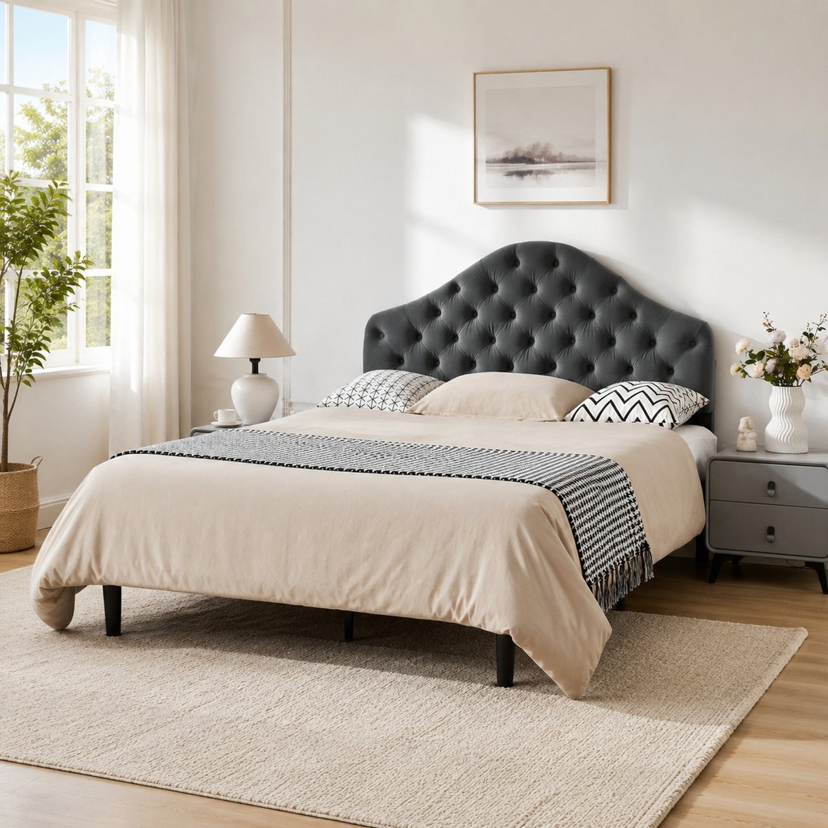 WUVRIE Gestoffeerd bedframe 140x200 cm met verstelbaar fluwelen hoofdbord en houten lattenbodem, grijs