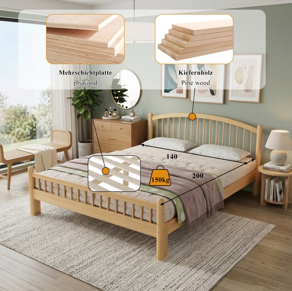 WUVRIE Tweepersoonsbed 140x200 cm met lattenbodem en spijlenhoofd- en voeteneinde, beige/naturel Natuurlijk