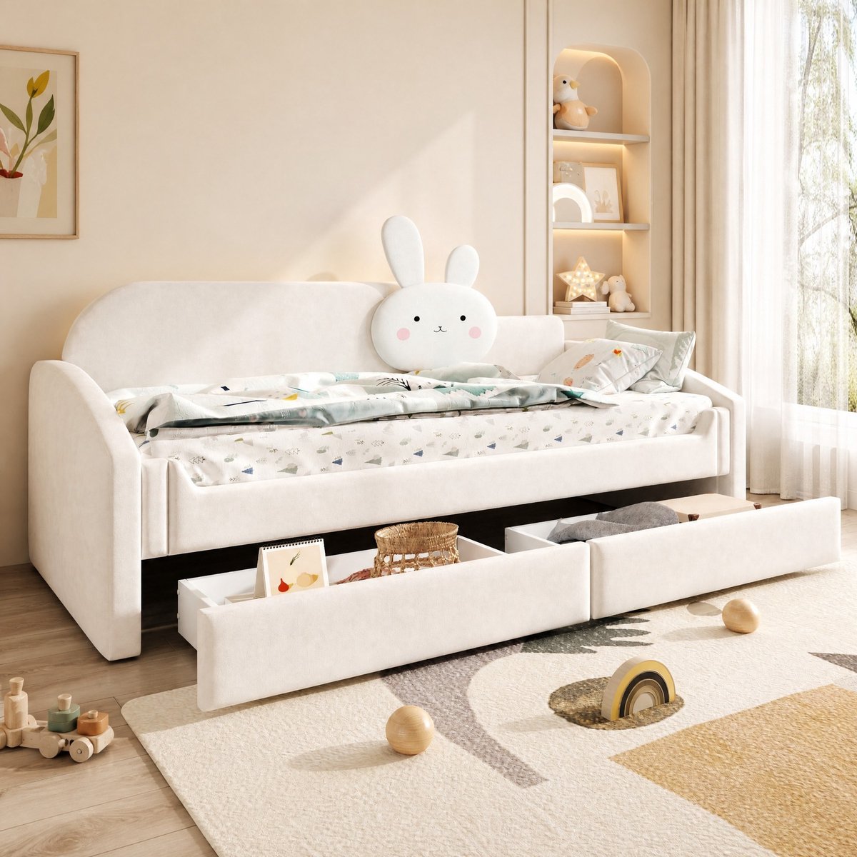 REDOM Kinder slaapbank met opbergruimte - LED-verlichting en gebogen rugleuning - Twee lades - Velours - Beige - 90 x 200 cm