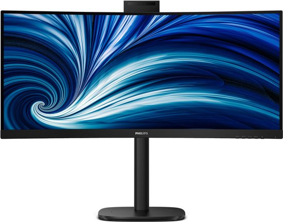 Zwarte Philips monitor met gebogen scherm, weergave van blauw abstract patroon. Statief met ronde voet.