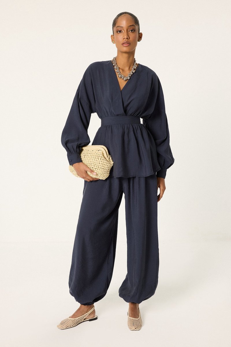 Touché Privé - 2-delige set van peplum tuniek en pofbroek - Marineblauw - Dames