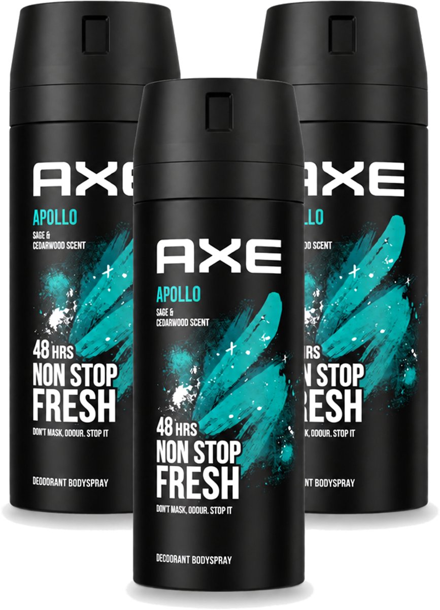 3 x Axe - Deodorant Bodyspray - 48hrs Fresh - Apollo - Sage & Cedarwoord - 150 ml - Voordeelverpakking - 3 stuks