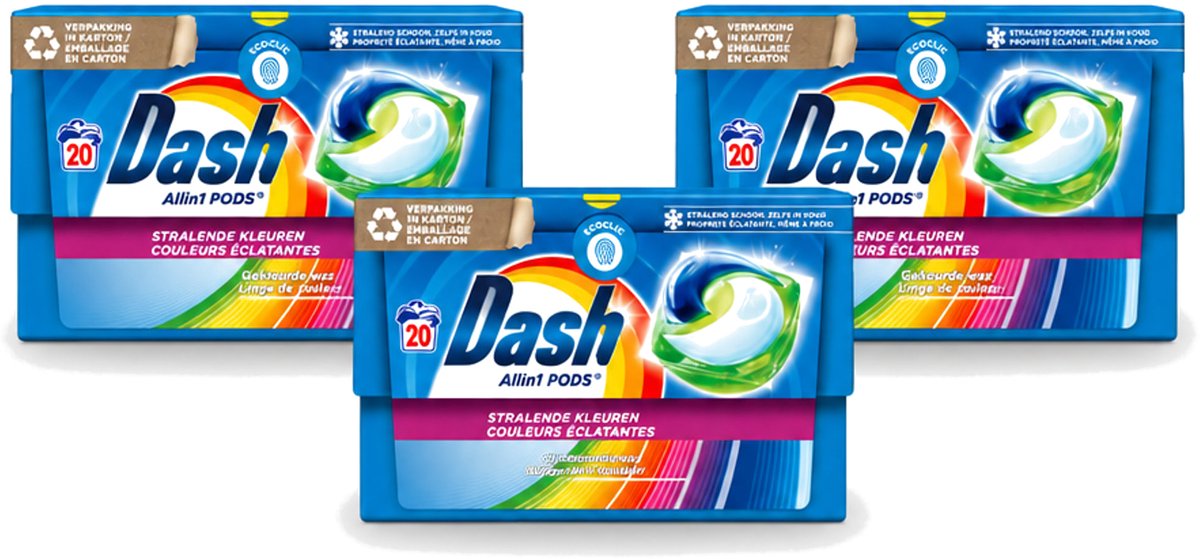 3 x Dash - Stralende Kleuren - Wasmiddel Capsules - All-in-1 Pods - Gekleurde Was - 20 Wasbeurten - Voordeelverpakking - 3 stuks