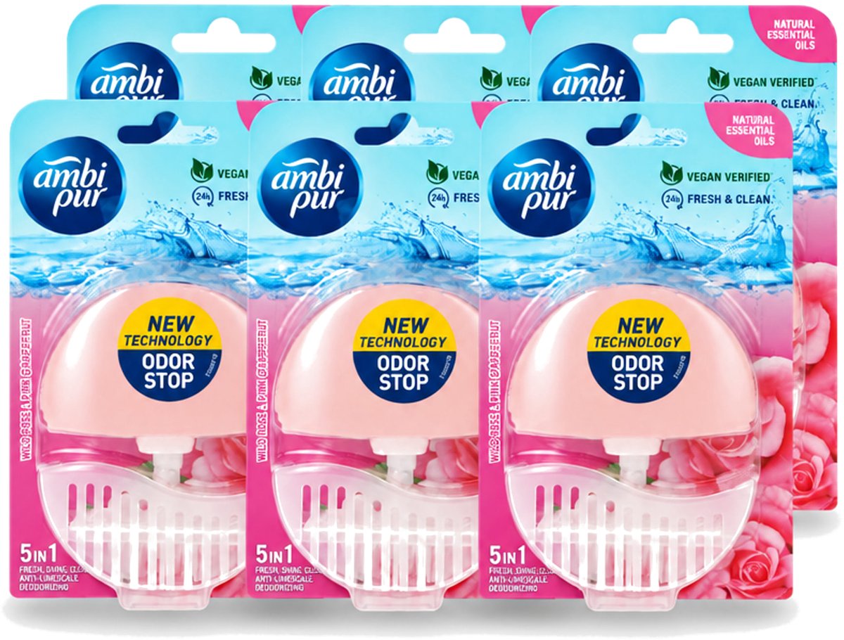 6 x Ambi Pur - Toiletblok - 5in1- Wilde Roos & Roze Grapefruit - 1 Blok - Voordeelverpakking - 6 stuks