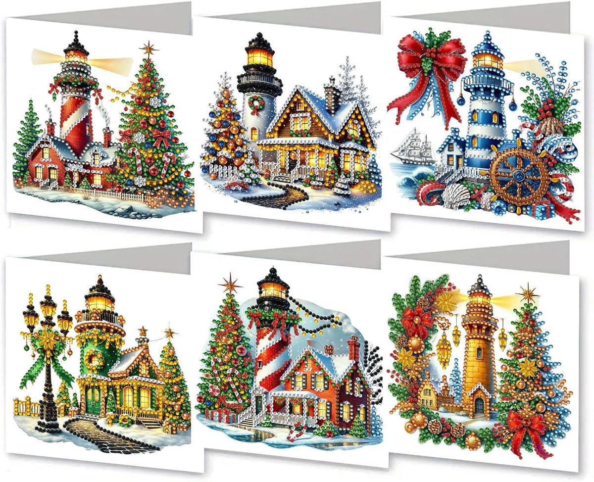 6 stuks diamond painting kerstkaarten - 15 x 15 cm - kerstkaarten met enveloppen - complete diamond painting set - kerstboom - voor kerst, verjaardagen en feestdagen
