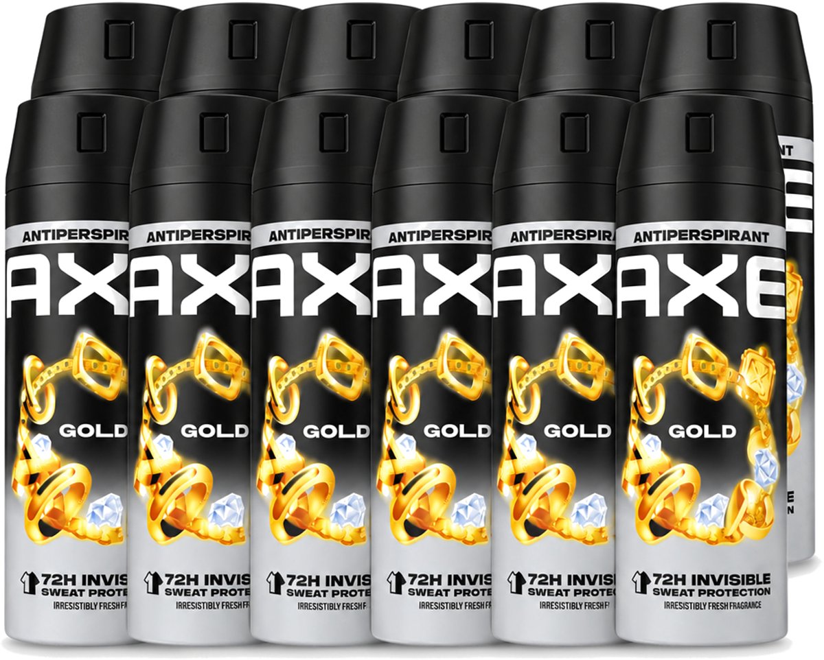 12 x Axe - Deodorant Spray - 72hrs Anti Sweat - Anti White Marks - Gold - 150 ml - Voordeelverpakking - 12 stuks