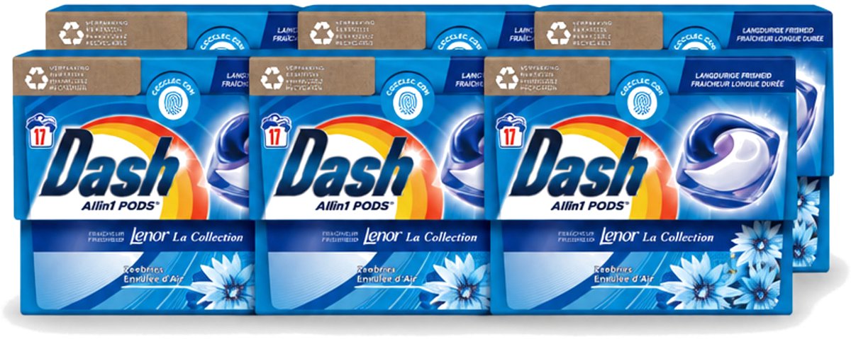 6 x Dash - Lenor Collectie - Wasmiddel Capsules - All-in-1 Pods - Witte en Gekleurde Was - Zeebries - 17 Wasbeurten - Voordeelverpakking - 6 stuks