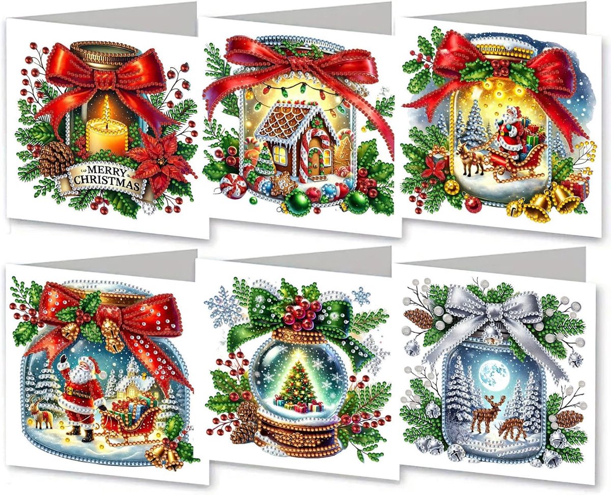 6 stuks diamond painting kerstkaarten - 15 x 15 cm - kerstkaarten met enveloppen - complete diamond painting set - kerstboom - voor kerst, verjaardagen en feestdagen