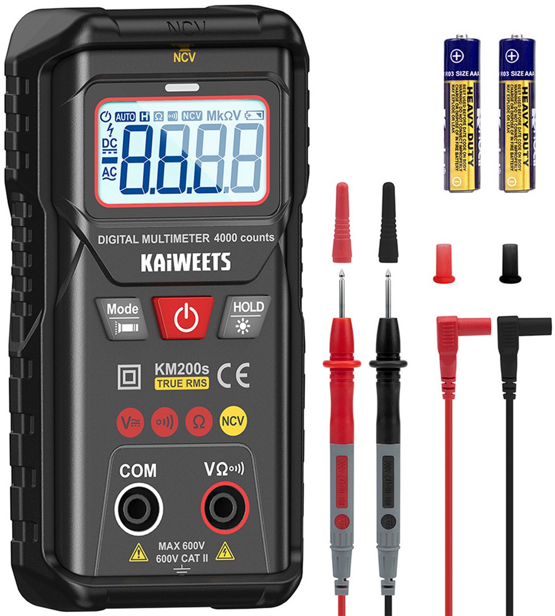 KAIWEETS KM200s Slimme Digitale Multimeter, 4000 counts True RMS, 600V AC/DC-spanning, weerstands- en doorgangstest, automatisch/handmatig bereik, NCV-detectie, LCD met achtergrondverlichting, ingebouwde zaklamp, CAT II 600V