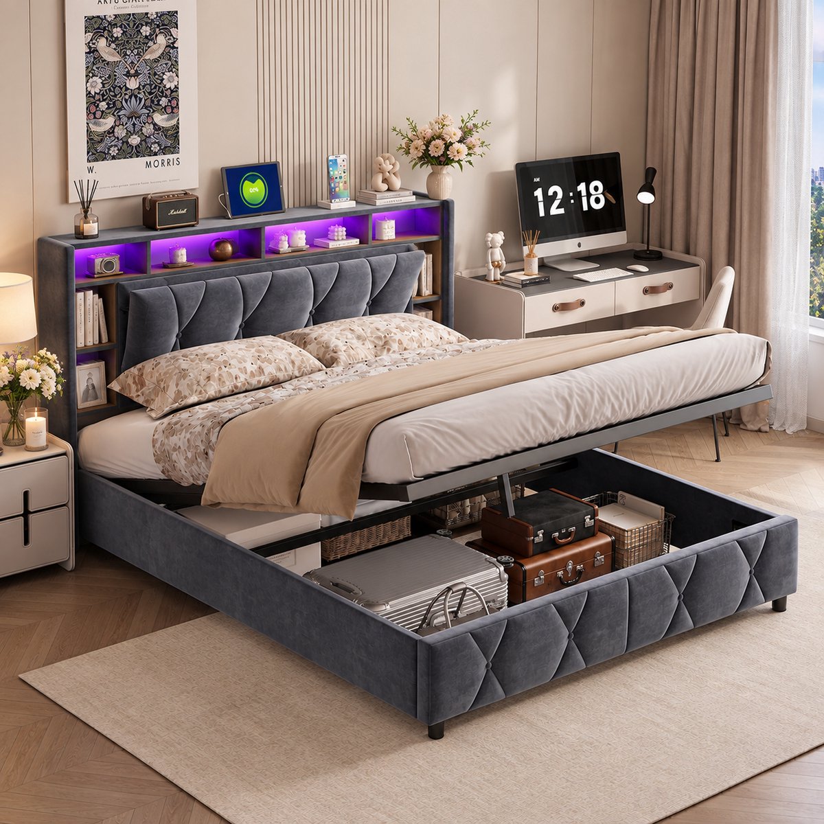 MEXUS Opbergbed 160x200 cm, LED-verlichting, Tweepersoonsbed met opbergruimte en lattenbodem, hoofdeinde met opbergvak en USB-oplaadfunctie, hydraulische opbergruimte, Gestoffeerd bed, Fluweel, Grijs