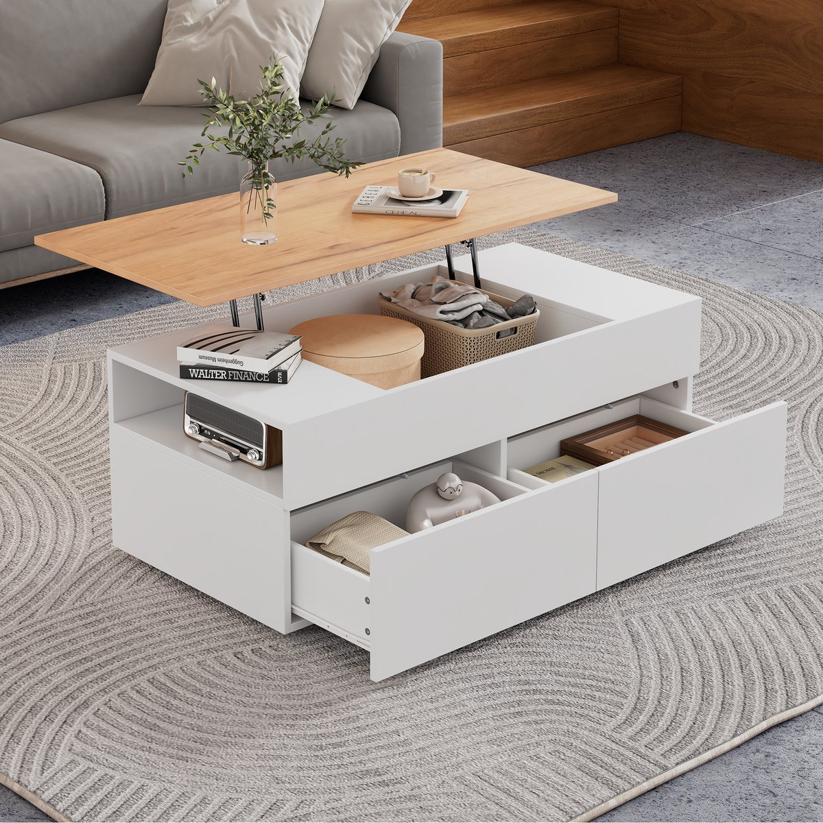 MUVANO In Hoogte Verstelbare Salontafel - Salontafel Met Verborgen Opbergruimte - Koffietafel Met 2 Lades - Salontafel Wit En Hout - 100x50x40 cm - Woonkamer
