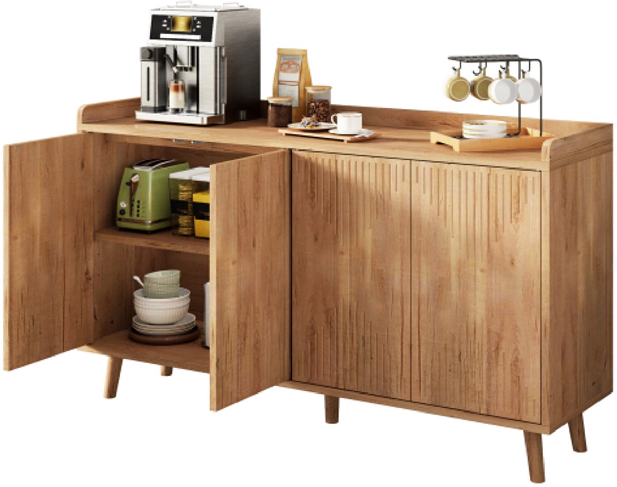 Rolipo Dressoir-sideboard met 4 deuren-verstelbare legplanken-opbergkast voor eetkamer en woonkamer-140 x 40 x 84 cm-natuurkleur Natural