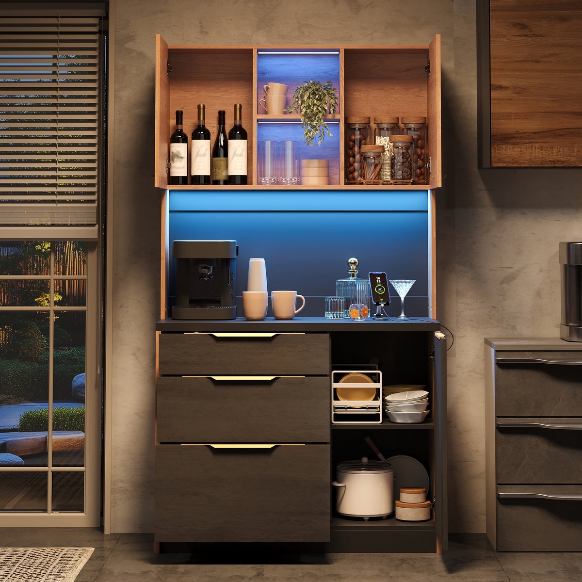 Zubaliya Buffetkast - LED, 3 lades en geïntegreerde stopcontacten - 100 x 40 x 180 cm - zwart / grijs / naturel