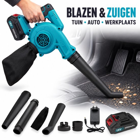 Turquoise bladblazer met zwarte opvangzak, handvatten en accessoires. Gebruikt in een auto interieur.