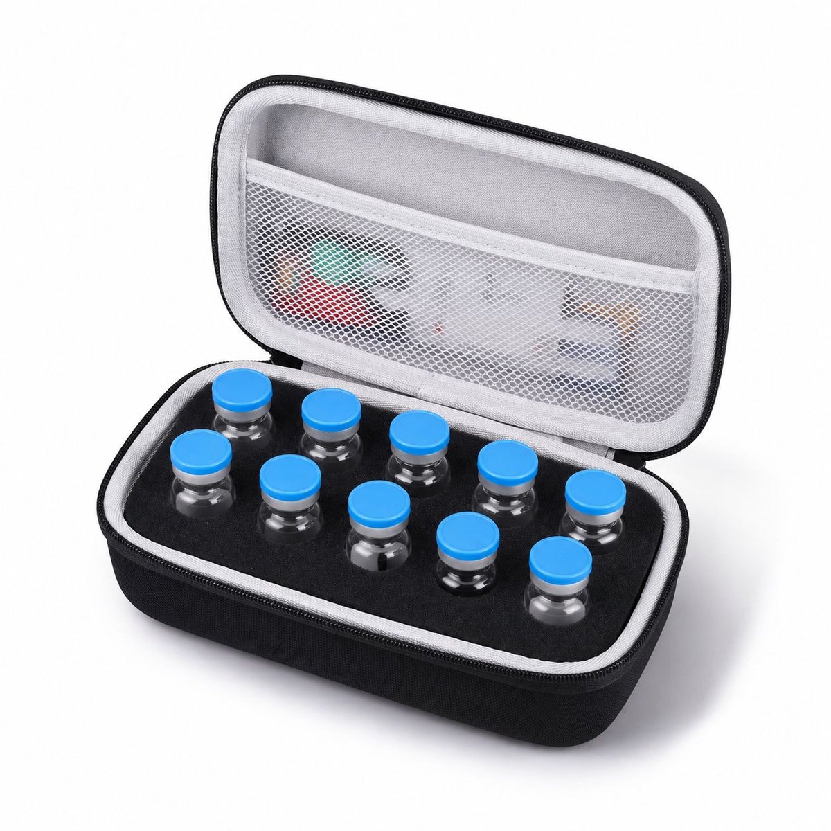 VHV - Medicijnopbergdoos – Titanium medicijnkoelbox – Geschikt voor 10 flesjes van 1/3/5/10 ml medicijn – Harde EVA-schaal met verstelbaar schuimvak – Compact en draagbaar