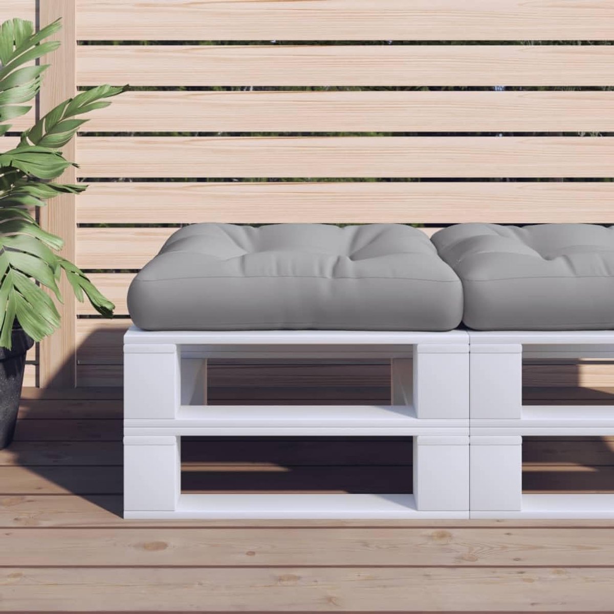 Palletkussen van polyester in grijs voor binnen en buiten, waterdicht, met holle vezelvulling voor zacht zitcomfort, veelzijdig als zitkussen voor tuinmeubelen, kruk