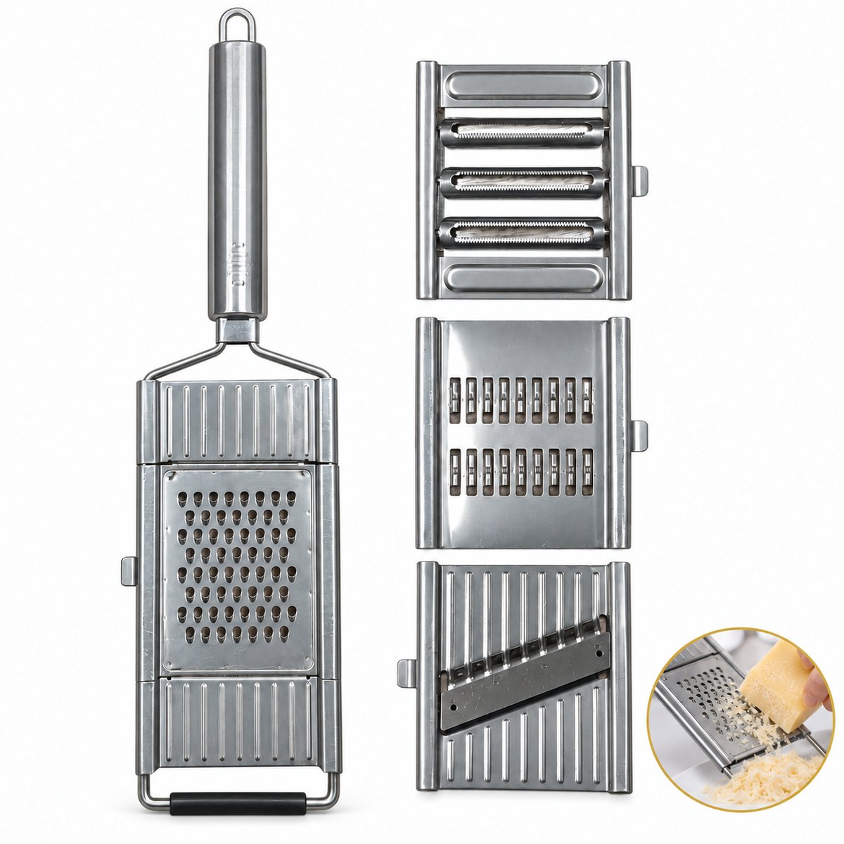 DIVERZA Handrasp – Kaasrasp – 4-Delige Raspset met 3 Verwisselbare Inzetstukken – Keukenrasp – 35 cm – Zilver