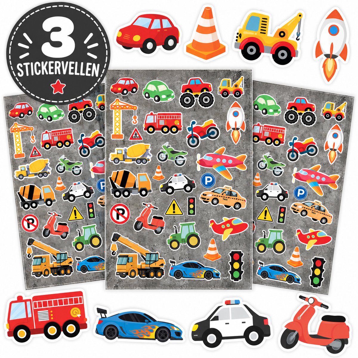 Stickers Voertuigen - 3 Stickervellen - Stickers Jongens - Voertuigen Speelgoed