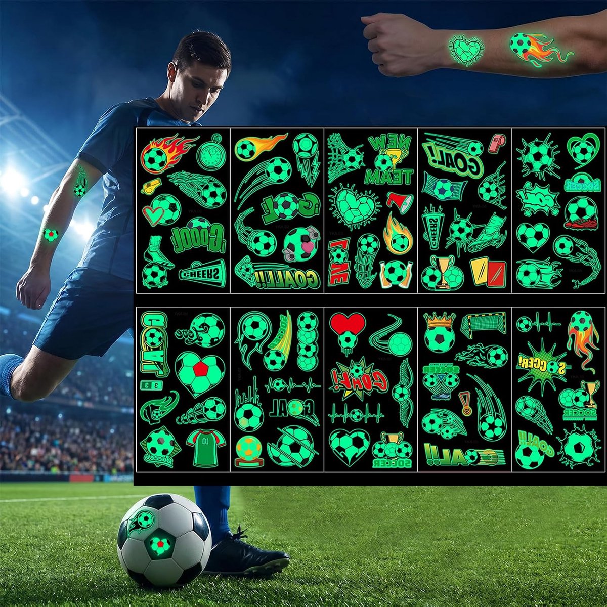 Voetbaltatoeages voor kinderen, huidvriendelijke kindertatoeages, 10 verschillende vellen voor voetbal, verjaardagsdecoratie, tatoeages als cadeautje en decoratie verjaardag jongens