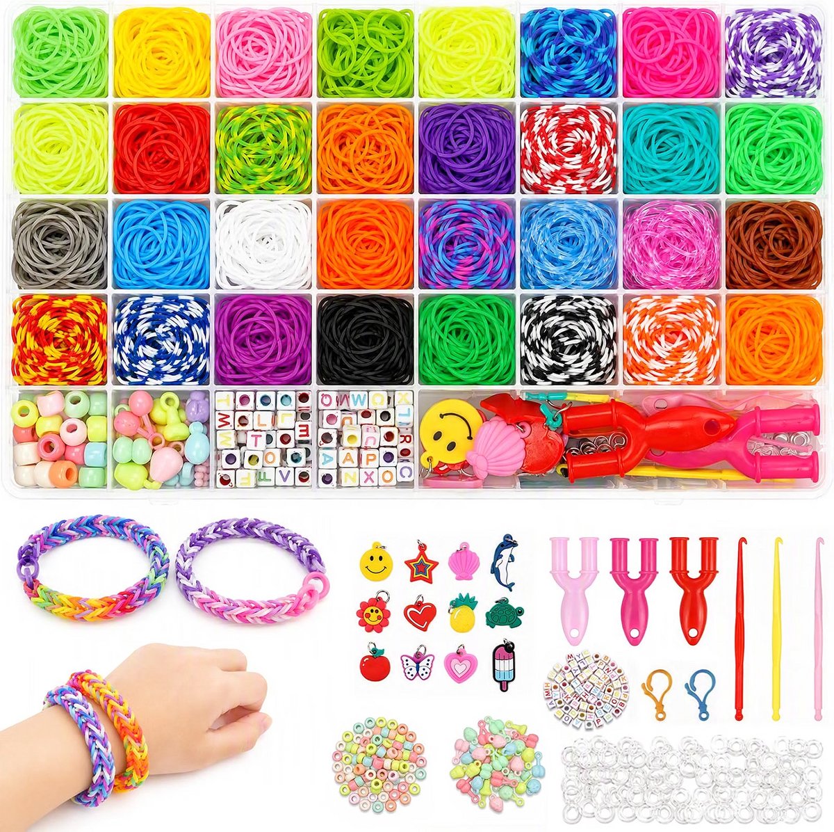 Loom bands set - Armbandjes zelf maken - Gekleurde elastiekjes knutselen - Vriendschapsbandjes ontwerpen - Inclusief letterkralen - Met bedels - Vakken opbergdoos - Vanaf 6 jaar - Multicolor - 2800+ stuks