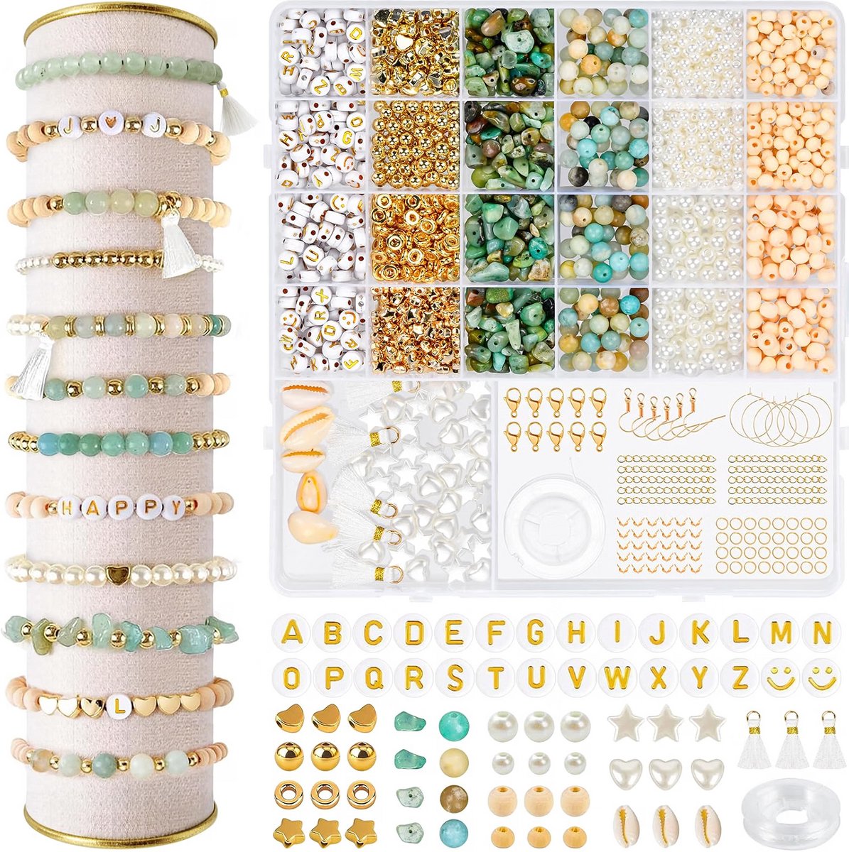 Natuursteen kralenset - Armbandjes zelf maken - Halskettingen sieraden knutselen - Letterkralen hars combineren - Inclusief creatieve accessoires - Ronde onregelmatige vormen - Kleurrijk - 1650 onderdelen