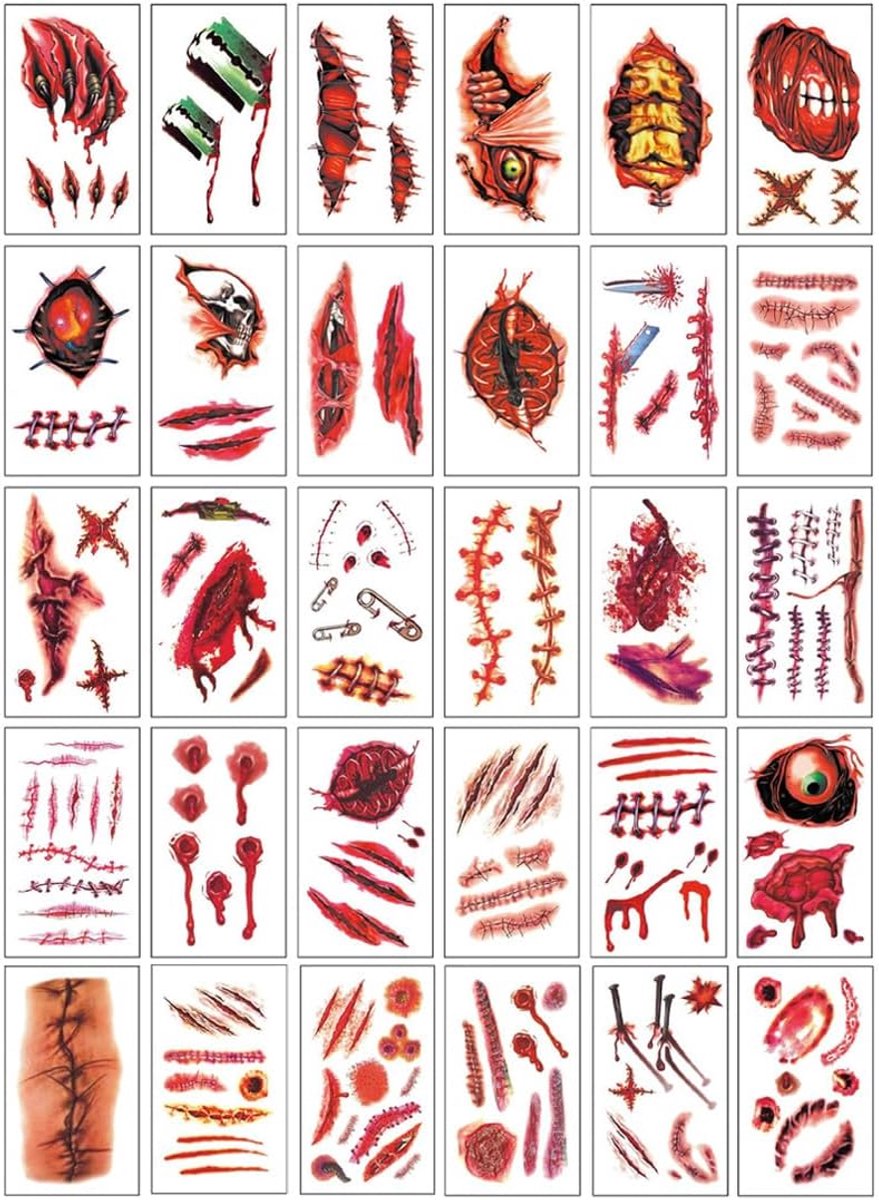 Tijdelijke Tattoos – met Littekens, Kunstbloed, Spinnen, ultrahrealistisch, voor Volwassenen & Kinderen, Waterdicht, Hypoallergeen