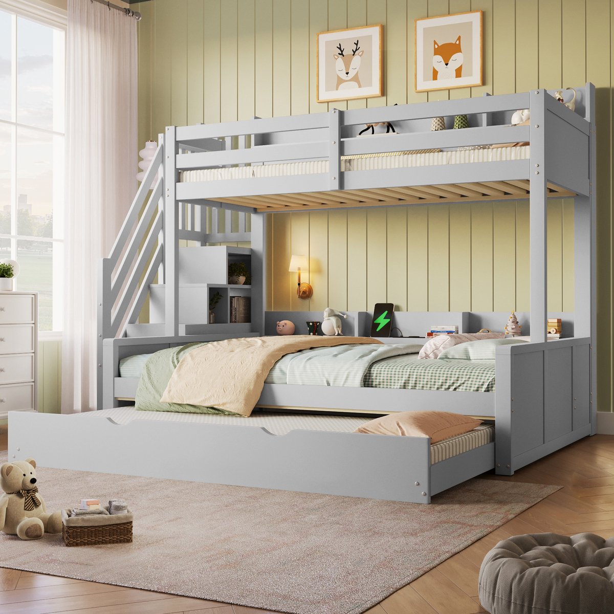 STILVORA Stapelbed 90x200 cm en 140x200 cm – Uitschuifbed met USB-Aansluiting – Opbergtrap – Kinderkamer – Hout – Grijs – Zonder Matras