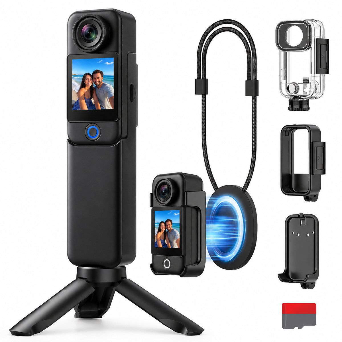 Actioncamera 4K – Waterdichte Sportcamera met 6-Assige Stabilisatie, Dubbel Scherm en Accessoireset