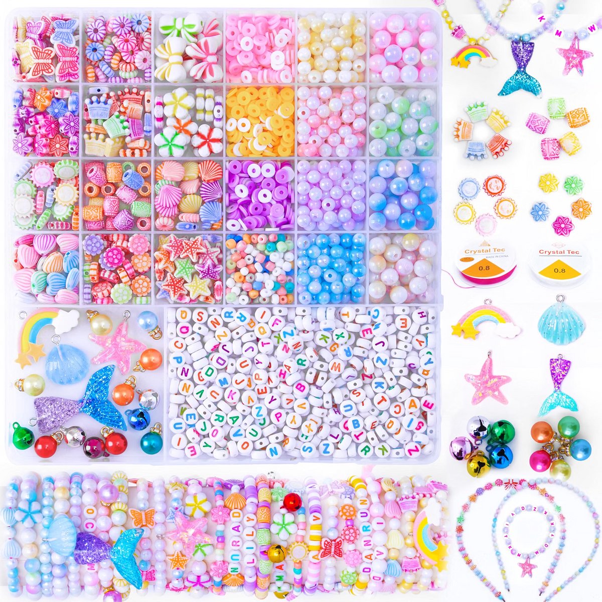 Kralenset voor kinderen - Armbanden zelf maken - Sieraden knutselen - Acryl kralen - Letterkralen met bedels - Creatief speelgoed meisjes - Vanaf 5 jaar - Oceaan regenboog thema - Multicolor - 3 dozen