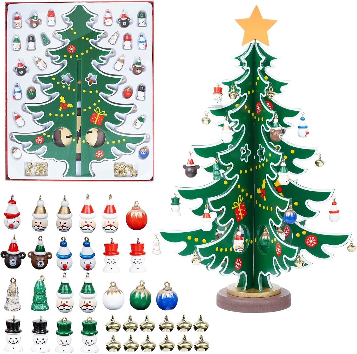 Advent Calendar Mini Christmas Tree Wooden Christmas Tree with 36 Ornaments, Wooden DIY Christmas Tree for Adults and - ShopVlot