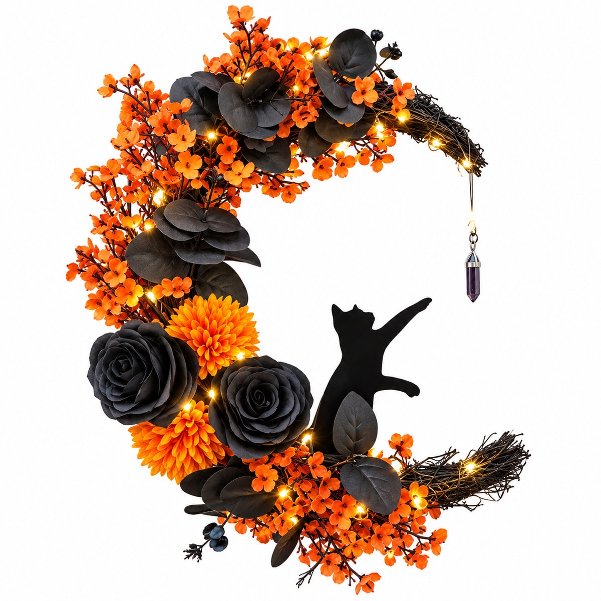 Halloween Krans - MaanKat - Feestelijke Deurkrans Voor Buiten - Halloween Deurdecoratie - Herfstversiering - Onderhoudsvrij Kunststof - Buitendeurdecoratie - Sfeerverlichting - Oranje