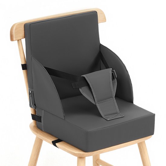 Stoelverhoger Kinderen voor Eettafel – Peuter Booster Seat met Rugleuning, Zitkussen met Veiligheidsriemen en Antislip Basis – Hoogwaardig Schuim Verhoogkussen – Grijs — afbeelding 2