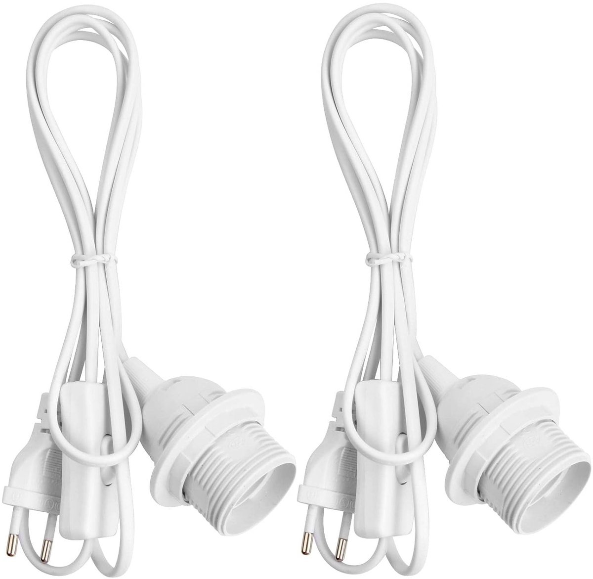 Set van 2 Lampenhouders met Schakelaar, E27 Fitting, Wit met 1.8 m Voedingskabel voor DIY Verlichting en Hanglampen