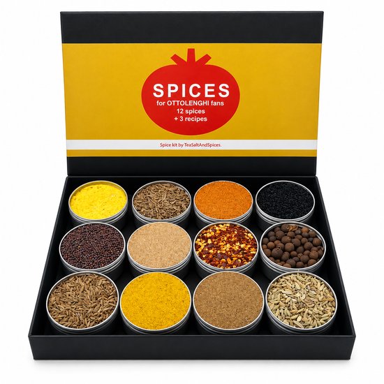 Zwarte doos met gele deksel met de tekst 'SPICES for OTTOLENGHI fans', 12 kruidenpotjes.