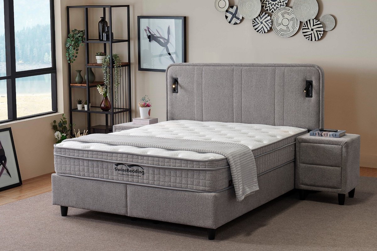 Swissbedding AURA Opberg Boxspring - 160x200 - Inclusief Ergonomische Pocketverenmatras - met Topper Grijs