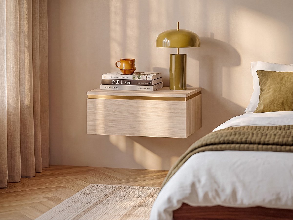 Vente-unique Zwevend nachtkastje met 1 lade - Kleur: naturel en goud VUKIA Natuurlijk licht